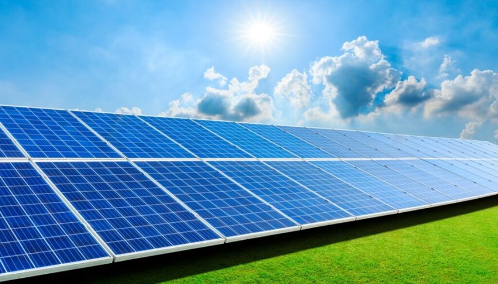 Photovoltaic solar panels and green grass on sky background,gree