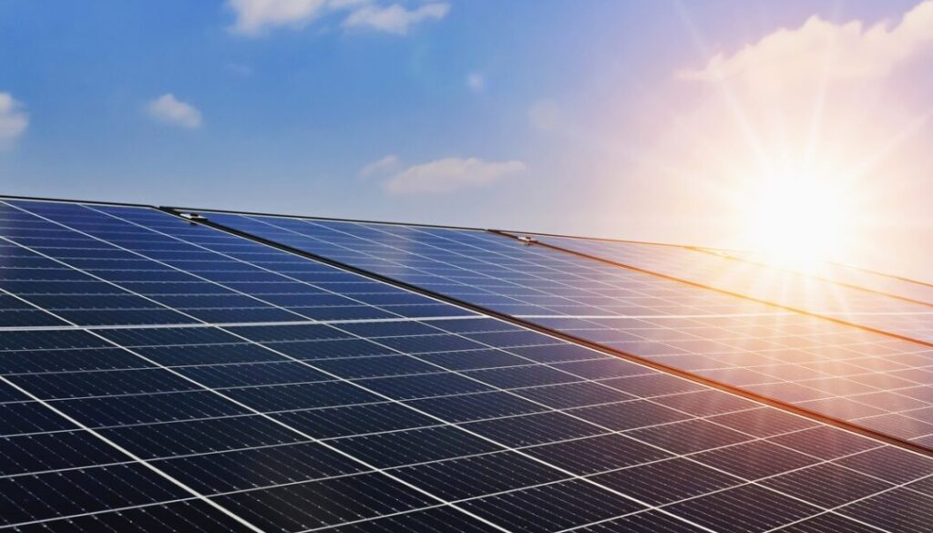 Solar panels with sunset and blue sky background. Clean power en